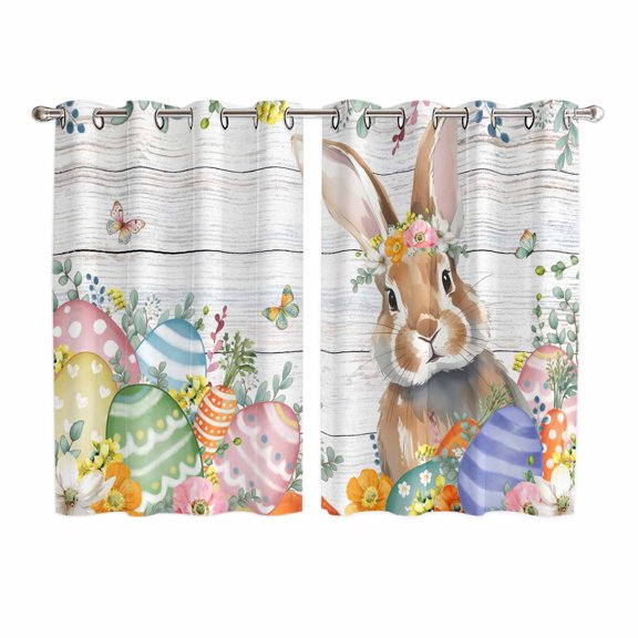 Easter Bunny Kitchen Curtains Window Panels, Colorful Easter Eggs Eucalyptus Grey Wooden Insulated Window Treatment Curtain, Grommet Curtains for Bedroom/Living Room/Bathroom, 2 Piece 52"Wx72"L
