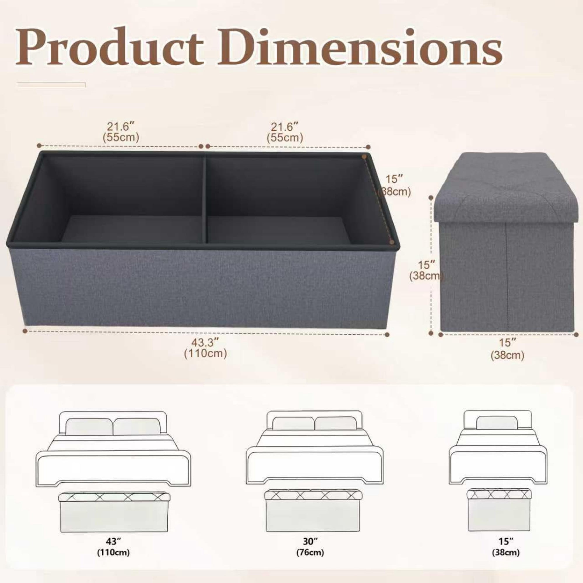 43" Storage Ottoman Bench, Folding Storage Bench Ottoman with Lid, 400 lbs Capacity, Fabric Seat Footrest for Bedroom Living Room Entryway, Grey