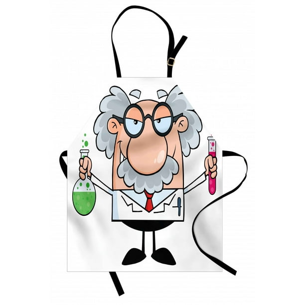 Cartoon Apron, Science Themed Composition with Old Scientist with Glasses and Mustache, Unisex Kitchen Bib with Adjustable Neck for Cooking Gardening, Adult Size, Multicolor, by Ambesonne Cartoon Apron, Science Themed Composition with Old Scientist with Glasses and Mustache, Unisex Kitchen Bib with Adjustable Neck for Cooking Gardening, Adult Size, Multicolor, by Ambesonne