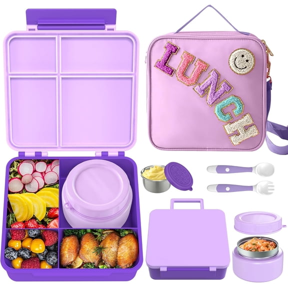 Purple Bento Lunch Box Set with Insulated Bag 8 oz Thermo Food Jar 4-Compartment Container Salad Dressing Cup Food Divider and Cutlery