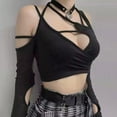 thumbnail image 2 of YCNYCHCHY Cyber Y2k Top Crop Techwear Punk Women Halter Top Gothic egirl Patchwork Long Sleeve Crop Tops Sexy Cut Out Casual T-shirts, 2 of 6