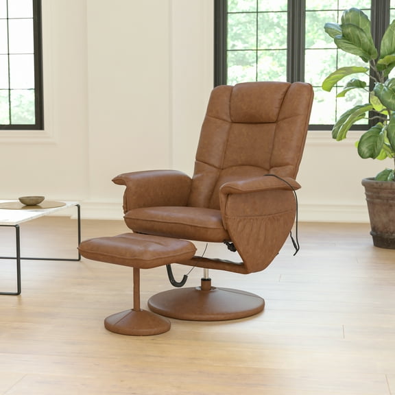 BizChair Massaging Adjustable Recliner with Deep Side Pockets and Ottoman with Wrapped Base in Brown LeatherSoft