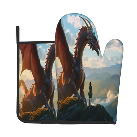 

KLL Clear Sky Mountain Red Dragon Pattern Oven Mitts and Pot Holders 2pcs Sets for Kitchen Oven Mitt Heat Resistant 536°F Oven Gloves for Kitchen Cooking and Baking