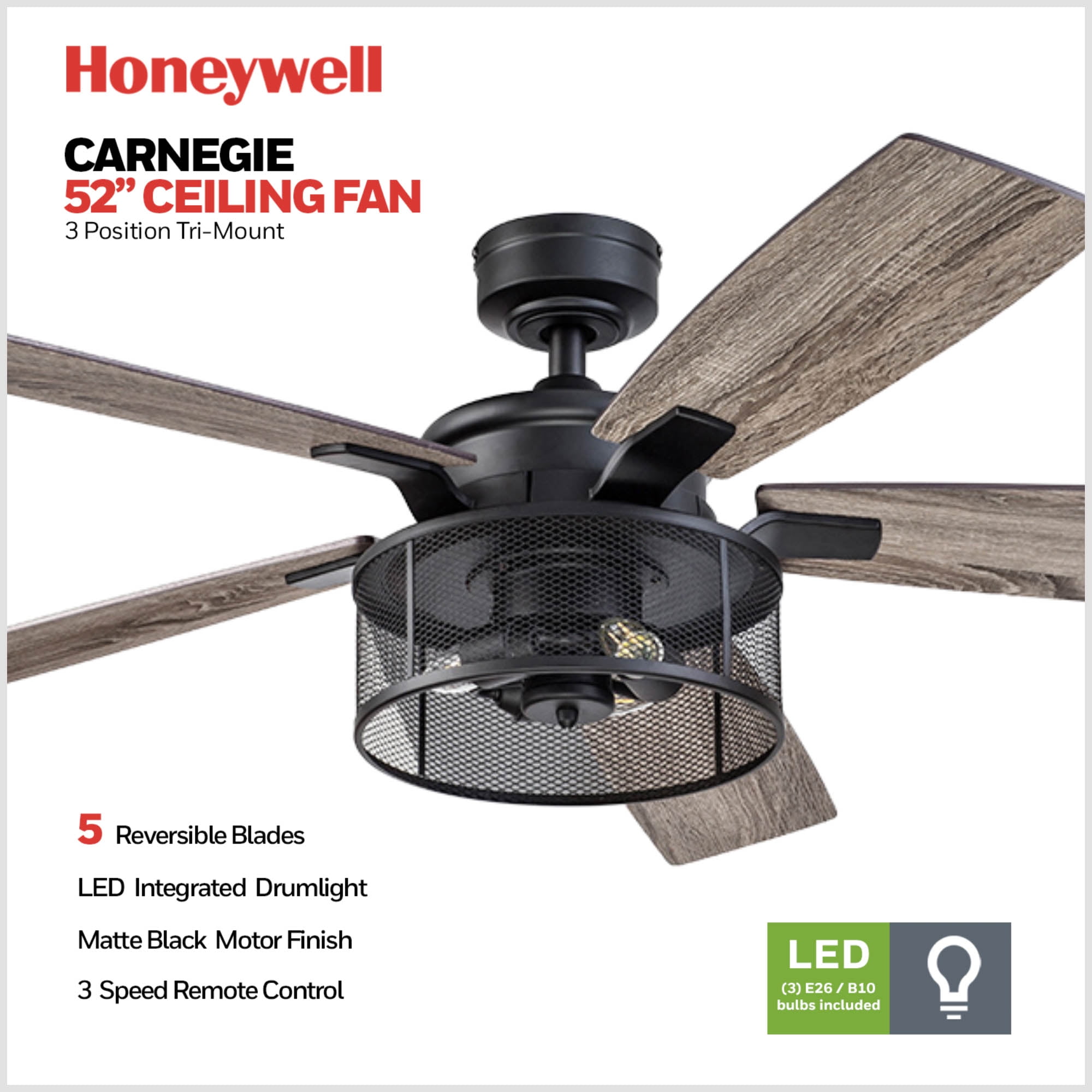 Honeywell Carnegie 52" Matte Black Ceiling Fan with Lights and Remote Control