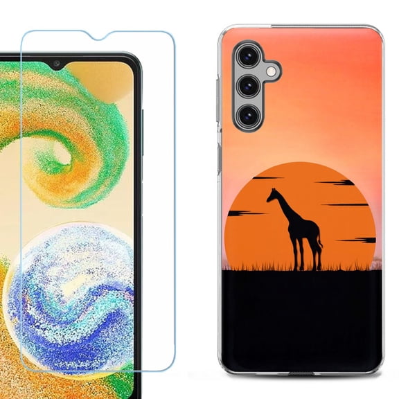 Shockproof Gel Phone Case for Samsung Galaxy A14 5G, with Tempered Glass Screen Protector, by OneToughShield ® - Sunset Giraffe