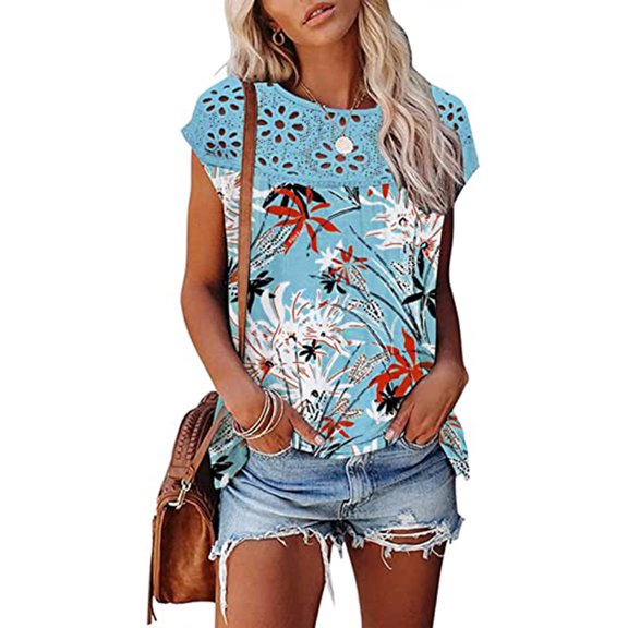 Gifts Usmixi Shirts for Women Sexy Lace Patchwork Hollow out Loose Fit Pleated Hem Tee Tops Summer Trendy Floral Short Sleeve Round Neck Ladies Blouses Light Blue XL