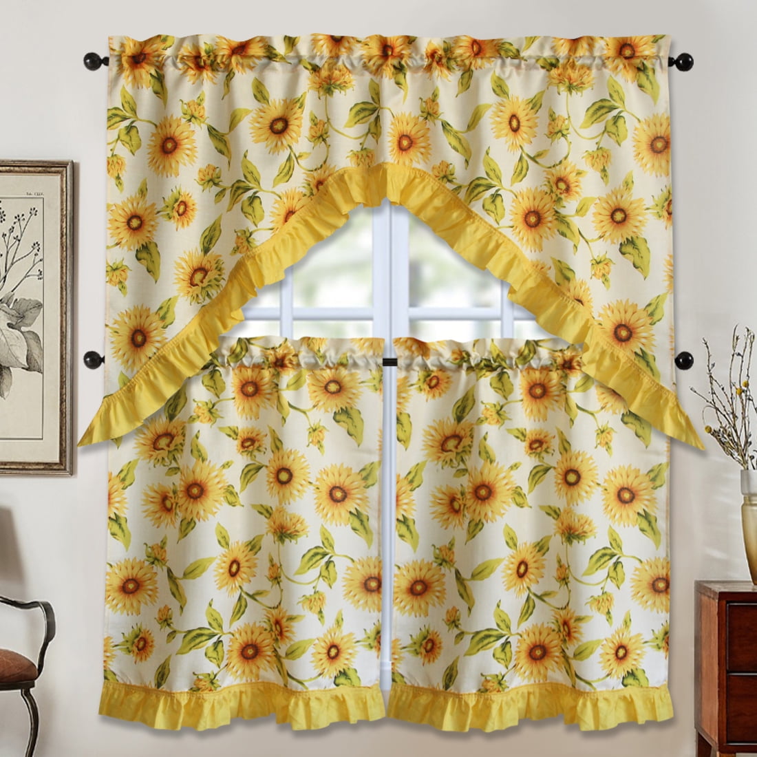 3 PC Kitchen Curtain Swag Set, Fruit Floral Rooster Printed Design Window Panels - Picture 42 of 62