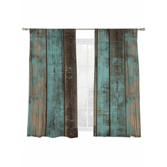 Teal Wood Grain Sheer Curtains 63 Inch Length 2 Panels Set, Semi Transparent Voile Rod Pocket Curtains for Living Dining Room Bedroom Drapes Gradient Farm Old Wooden Board Vintage