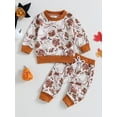 thumbnail image 2 of Arvbitana Baby Boys Halloween Casual Outfit Set Newborn Kids Long Sleeve Round Neck Pumpkin Print T-shirt Tops + Drawstring Sweatpants Toddler 2-Piece Outfits 0M-3T, 2 of 8