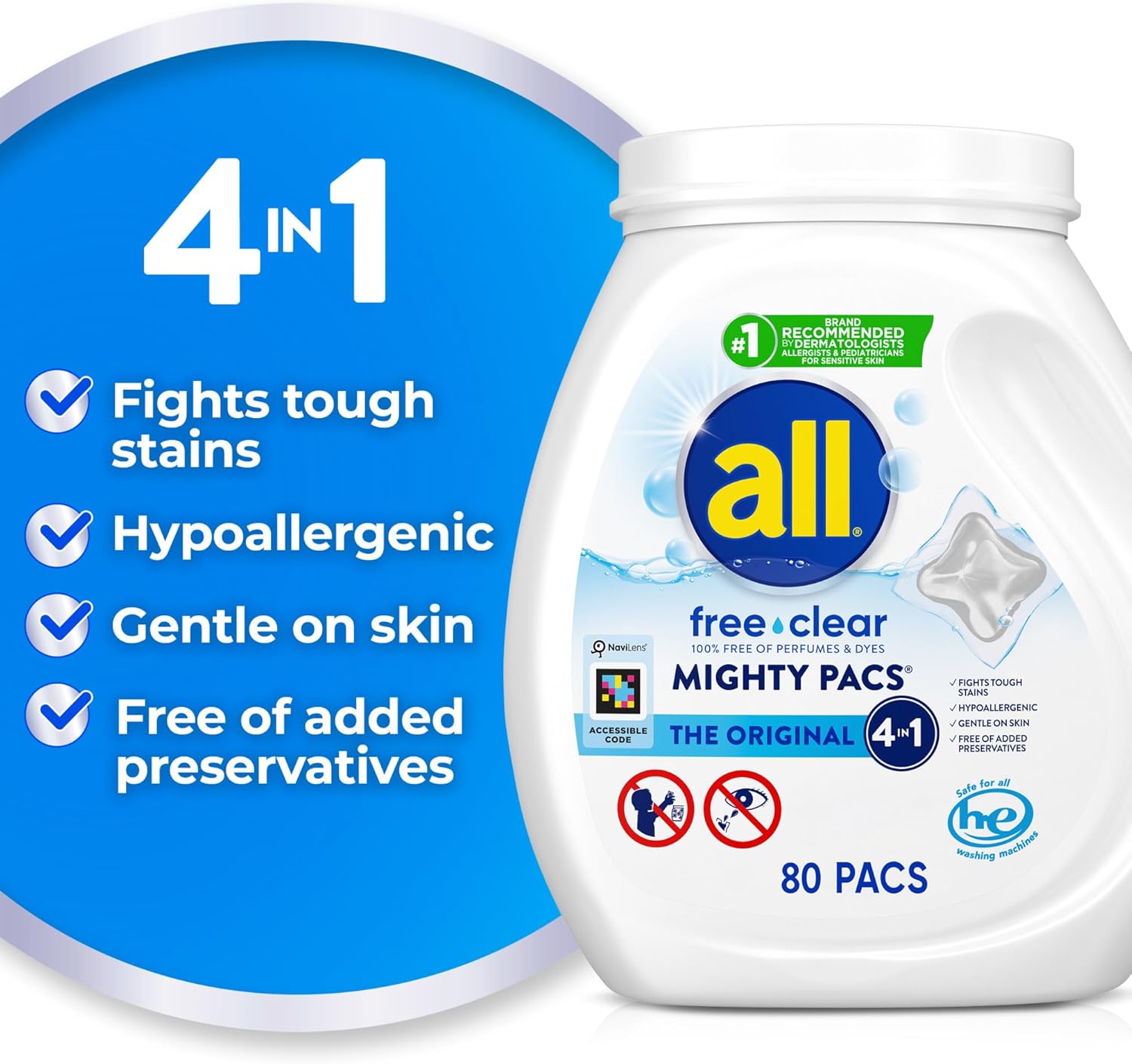 all Unit Dose Laundry Detergent, Mighty Pacs, Free Clear, 80 Count