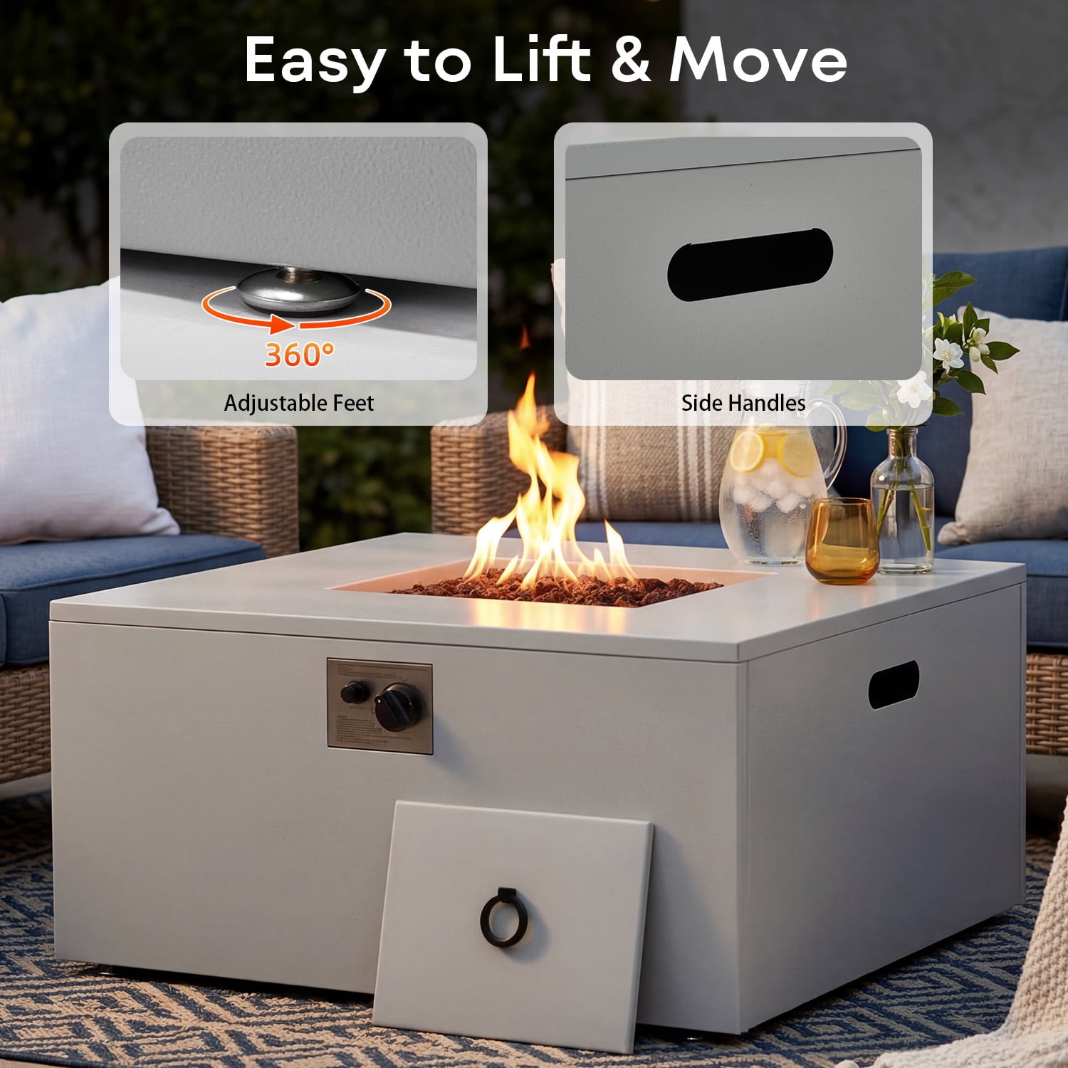 Danrelax 2-Piece 32" Square Propane Fire Pit Table with Tank Holder, 50,000 BTU Outdoor Gas Fire Pit with Lid, Lava Rocks and Weather-Resistant Cover, Grey