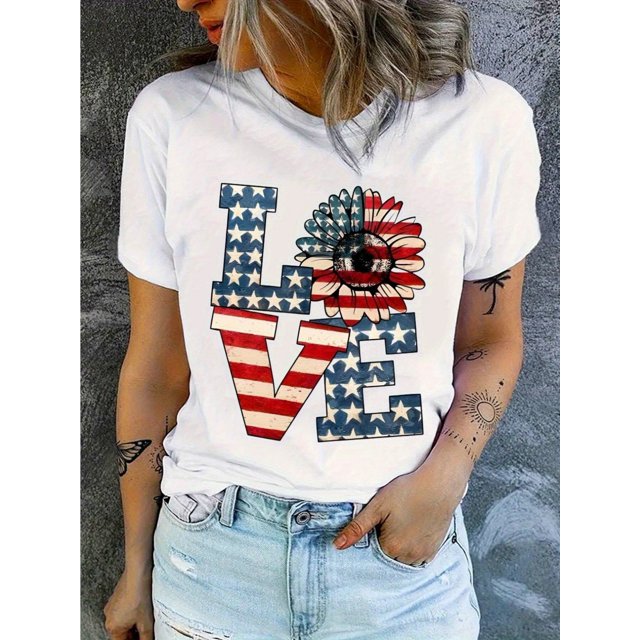 Women's Patriotic American Flag Print Crew Neck T-Shirt - 100% Cotton Regular Fit Casual Short Sleeve Top, 220gsm Breathable Fabric for Spring/Summer, 4th of July & Outdoor Events