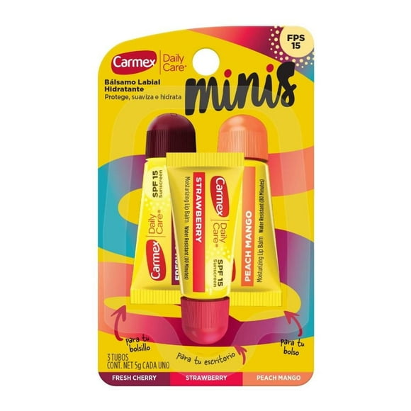 Mini Tubes Carmex 3 Pack 1 tubo fresh cherry de 5g, 1 tubo strawberry de 5g. 1 tubo peach mango de 5g