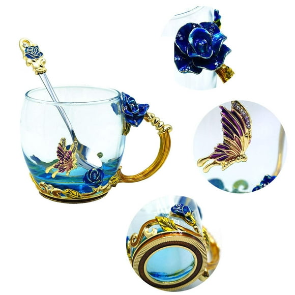 Glass Tea Cup, Lead Free Handmade Enamel Butterfly and Blue Rose Flower Tea Mug with Handle, Unique Personalized Birthday Gift Ideas for Women Grandma Mom Female Friend Short