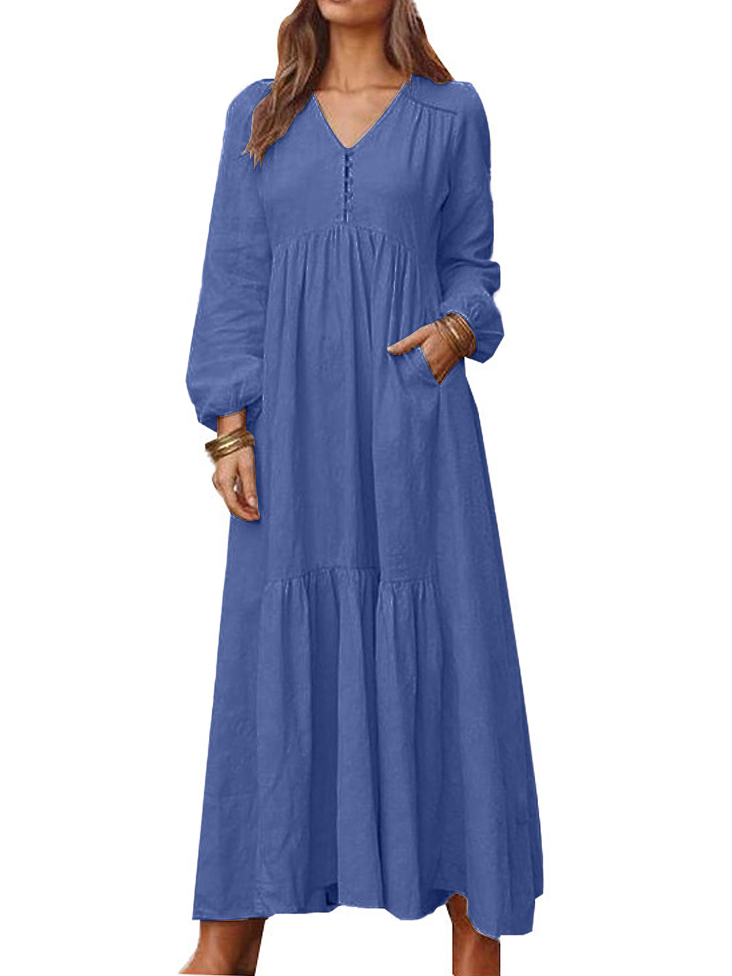 Hanerdun Women Long Sleeve V Neck Dress Female Pocket Maxi Dresses Blue