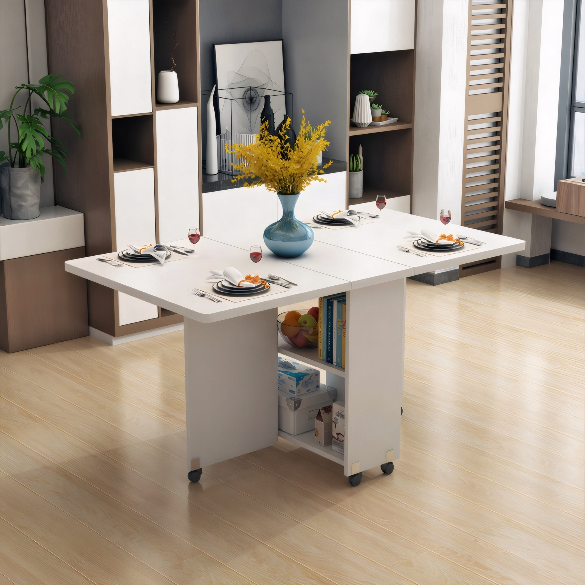 Folding Dining Table Drop Leaf Table with Wheels Space Saving Kitchen Table,&nbsp;with 6 Locking Wheels and 2 Storage Shelves, Extendable for Dining Desk and Console Use, White