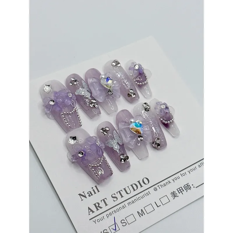 Purple Butterfly Pearl Handmade Wear Nail Starry Sky Clear Fairy Fake Nails Iris Nail Patch Finished Gift for Girl