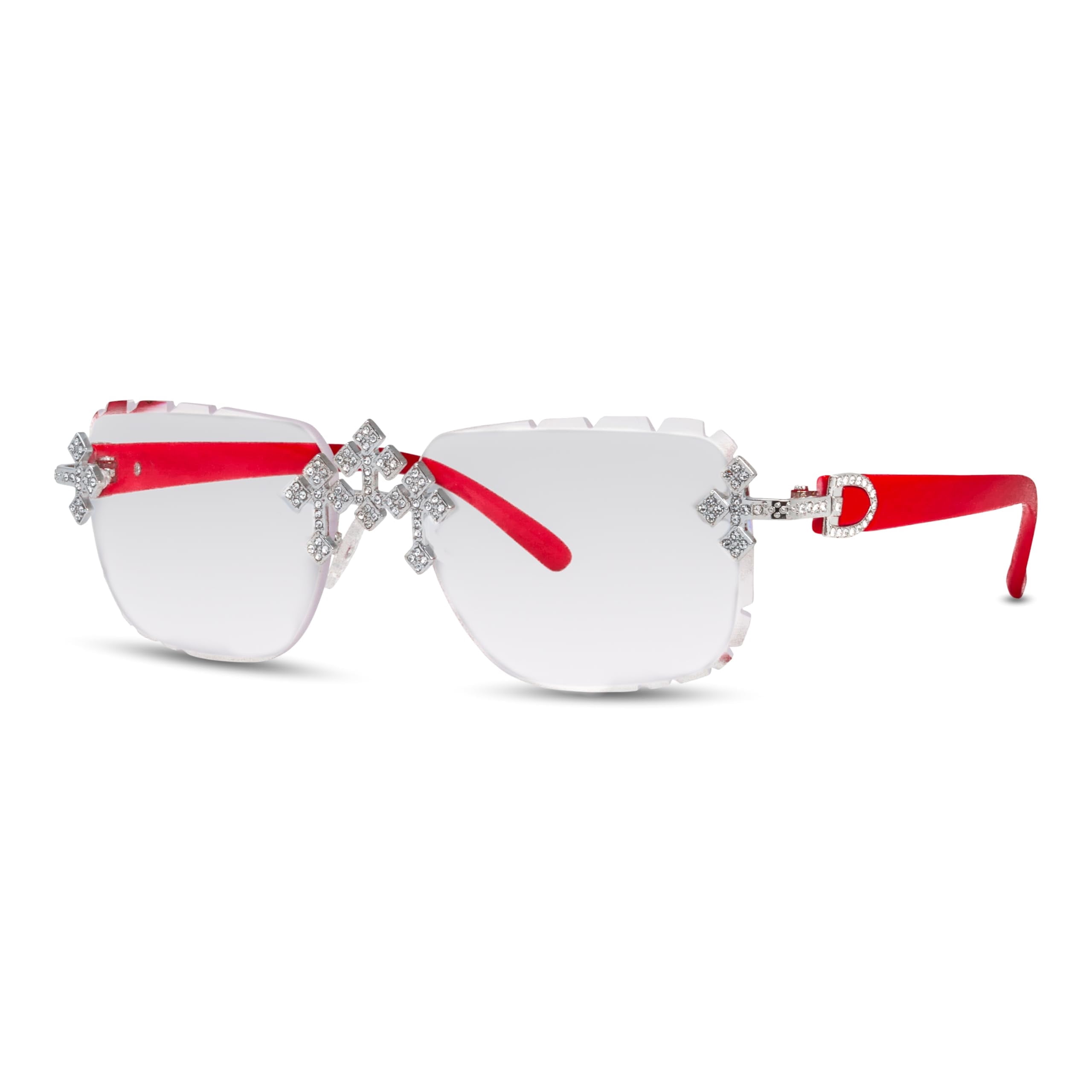 Iced-Out Triple Cross Sunglasses – Diamond-Cut Frameless Shades for Men & Women, Hip-Hop Luxury Eyewear for Various Occasions - Clear Red Silver Finish