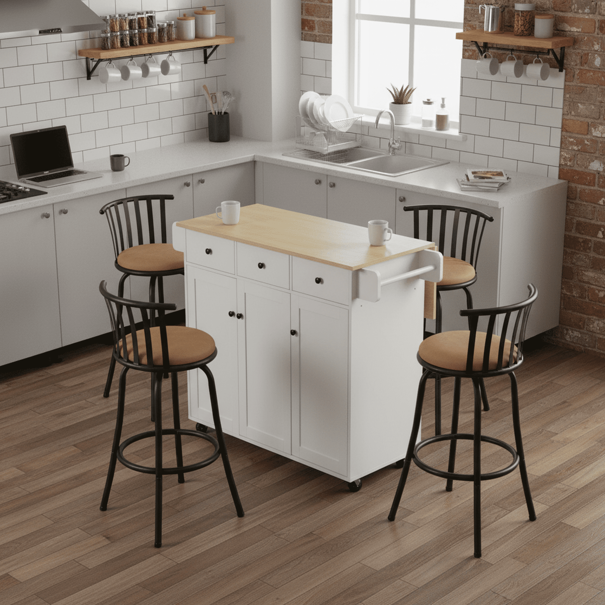 FurnitureR Modern Swivel Bar Stools Set of 4, 24" - 29" Adjustable Counter Height Chairs with Low Back and Sturdy Metal Frame, Brown Suede Seat for Kitchen Island, Dining Room and Home Bar