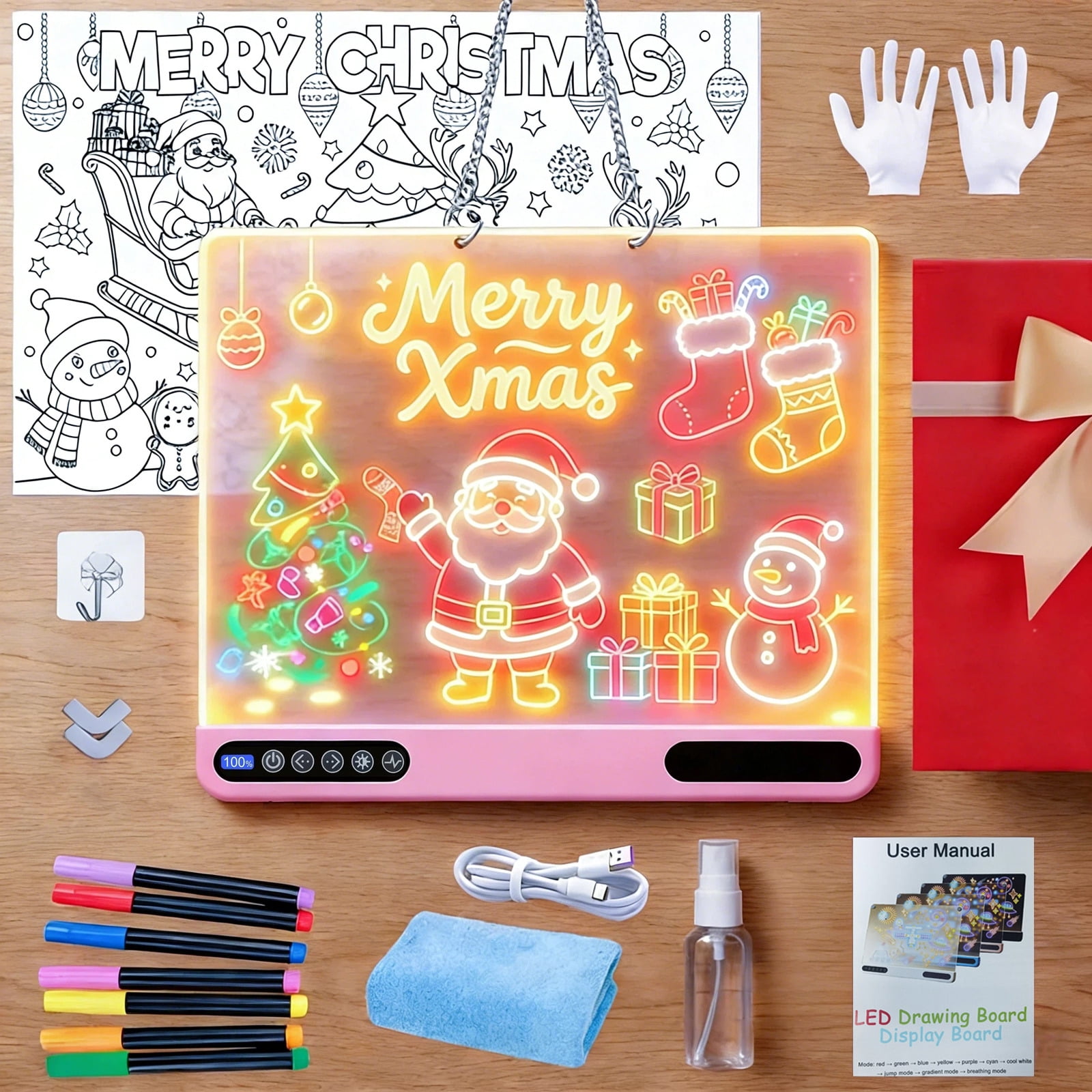 16 inch Rechargeable LED Drawing Board for Kids, 10-Color Light up Doodle Pad, 1500mAh Battery, Digital Display, Touch Buttons & Built-in Stand, Pink