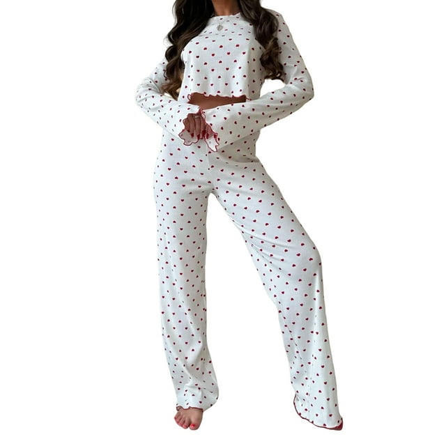 Conjunto de Pijamas Bonitos para Mujer, 2 Piezas, Larga, Y2K, Otoño e Invierno Corazón Rojo XL