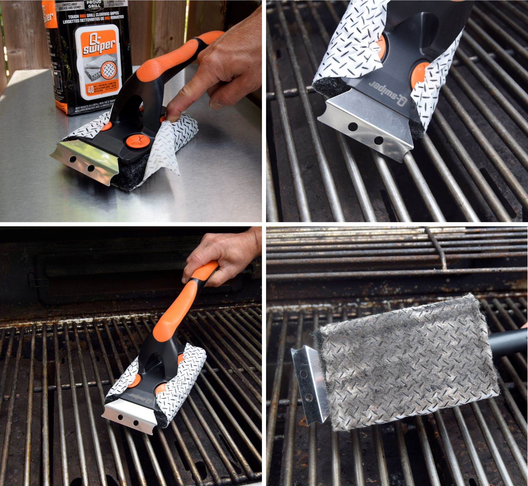 Q-Swiper XL Easy-Clean BBQ Grill Cleaner Set - 1 Long Grill Brush with Scraper and 40 BBQ Grill Cleaning Wipes | Bristle & Wire Free | Safe Way to Remove Grease & Grime for A Clean and Healthy Grill!