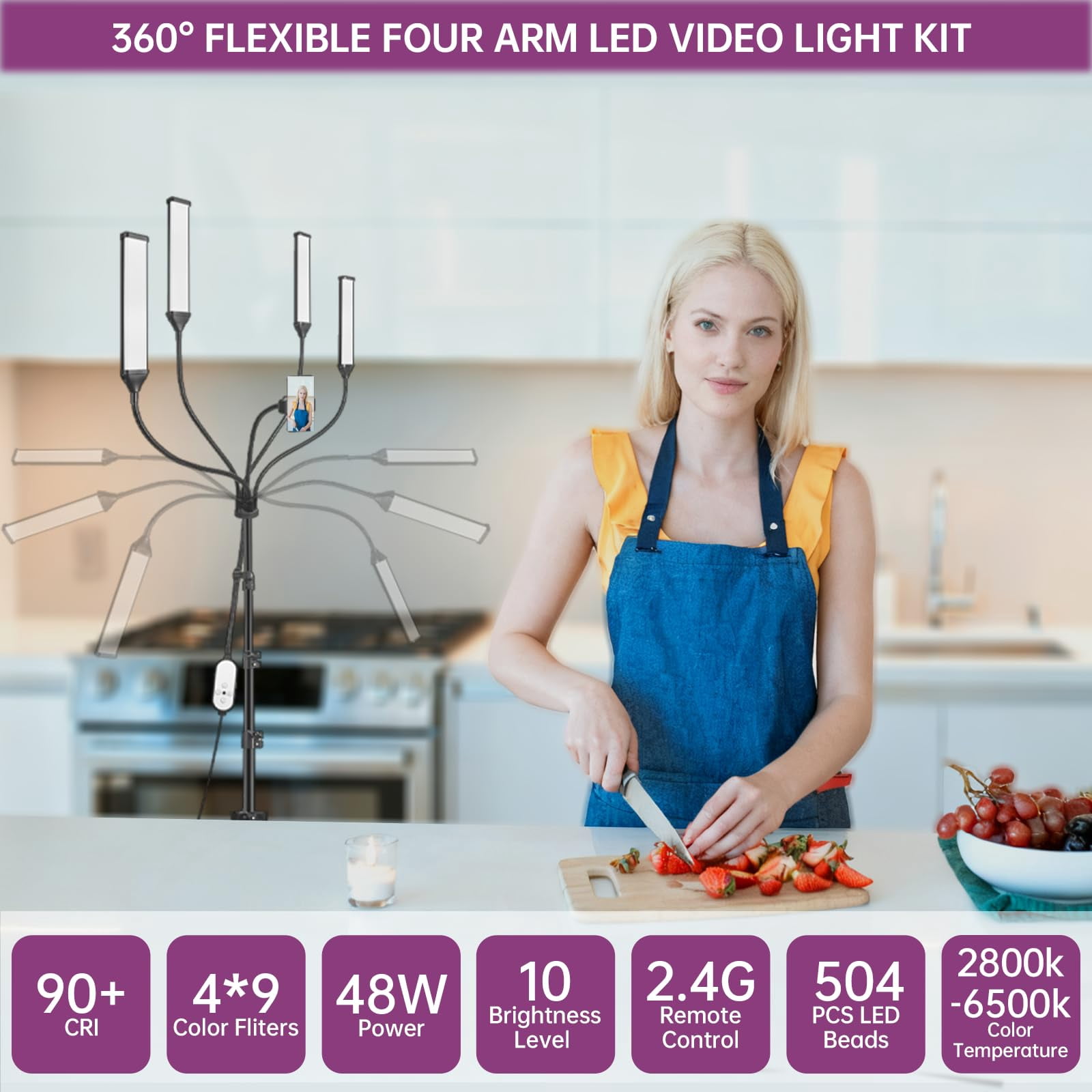 Four-arm RGB LED Photography Light, Equipped with Tripod Stand,Photography Bag,36 PCS Color gels, Suitable for Live Streaming,Video Recording,Eyebrow Embroidery,Makeup,Tattoo,Lash,YouTube Videos