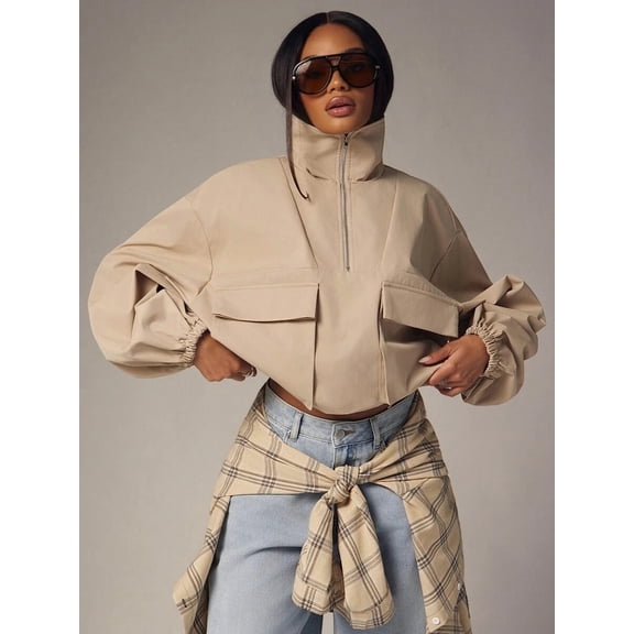 Women’s High Neck Half Zip Jacket, Oversized Lightweight Pullover with Flap Pockets, Casual Fall and Winter Outerwear