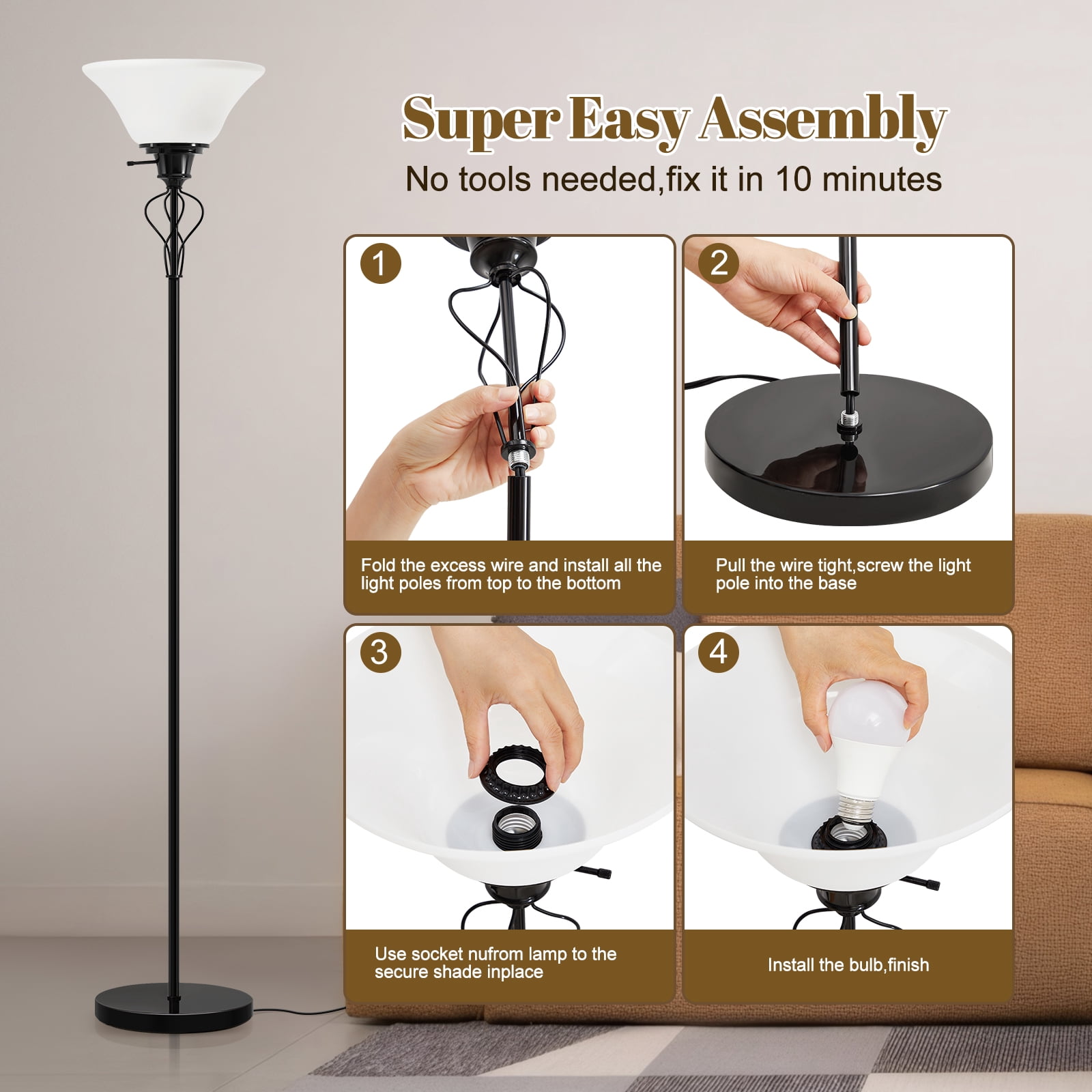 NATYSWAN Floor Lamp for Living Room,70in Black Standing Lamps with Sturdy Metal Base and White Lampshade,Modern Torchiere Tall Lamp for Bedroom Office,Rotary Switch