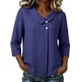 thumbnail image 6 of thefmos Women Plus Size Fall Spring Collared 3/4 Sleeve Button Down Blouses Dressy Casual V Neck Tunic Tops Loose Fit Solid Basic Shirts for Work Vacation, Blue XL, 6 of 6