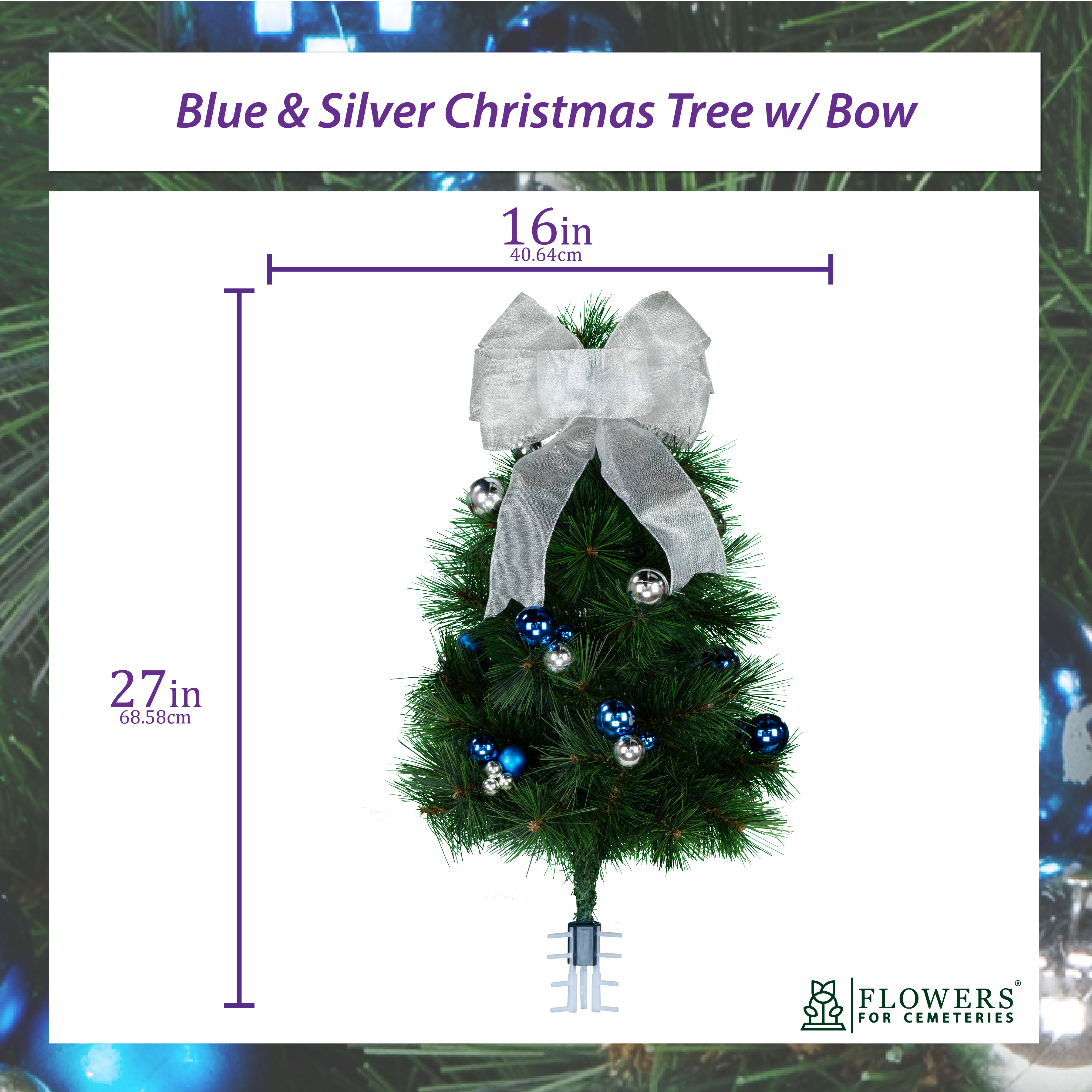 Sympathy Silks Artificial Cemetery Flowers Blue and Silver Christmas Tree with Bow