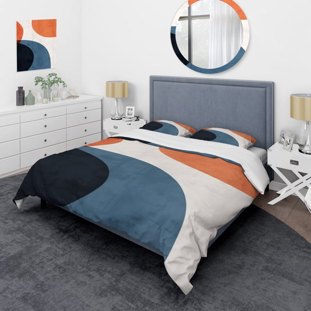 Designart "Minimal Boho Pattern in Blue and Orange I" Abstract Minimalism Bedding Covert Set - Abstract Blue Modern Bed Set With 2 Shams