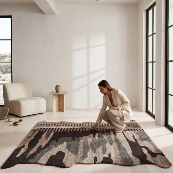 Neu Looms Hand Tufted Wool Area Rug, Modern Abstract Design, Black Beige Brown, 3x5 Ft