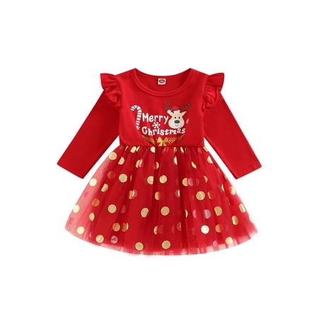 

AmShibel Toddler Baby Girl Christmas Dress Long Sleeve Santa Claus/Letter Princess Tulle Patchwork Dress