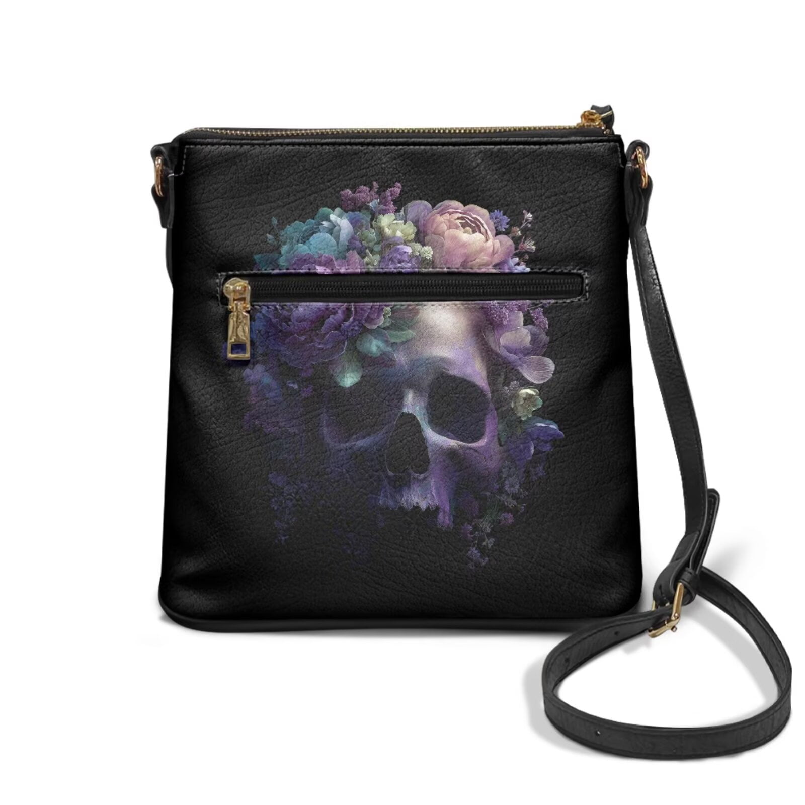DISNIMO Skull Peony Print Crossbody Handbag PU Leather Shoulder Bag Purse with Zipper Lightweight Fashion Messenger Handbag for Work Shopping Travel