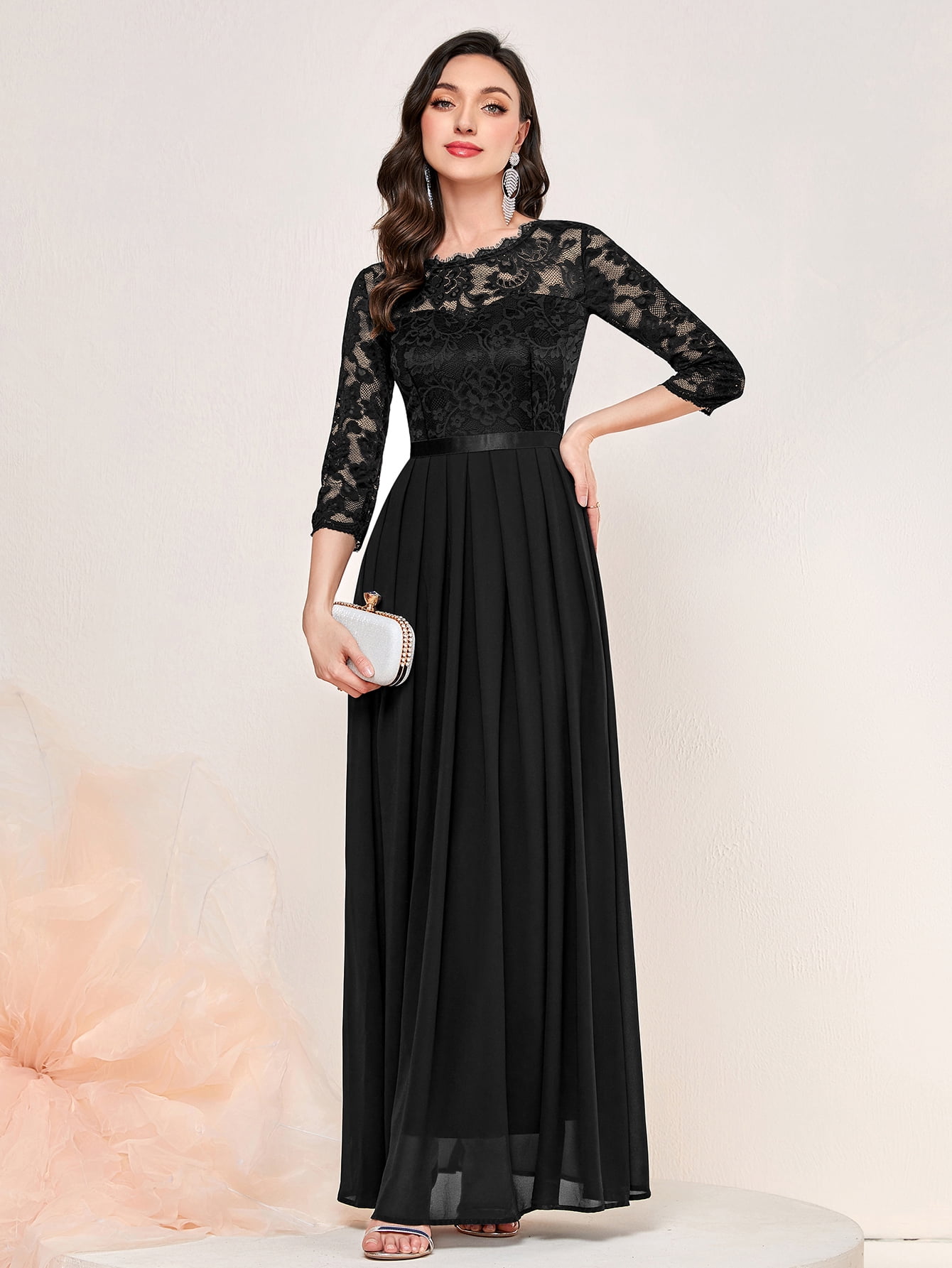 Miusol Women's Floral Lace Bodice Ribbon Waist Pleated Maxi Dress -  Walmart.com