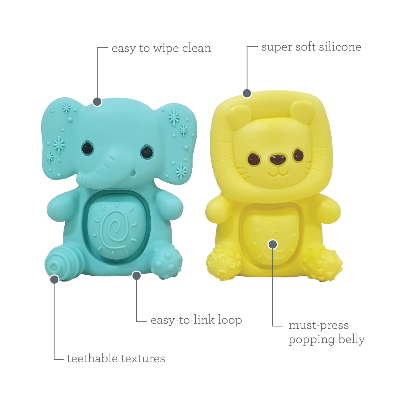 Infantino Teethimal Pop Pals Teether Toy, for Babies 6-12 Months, Multicolor Elephant & Lion