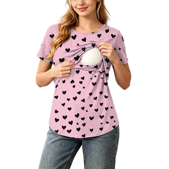 BRGZLK Pregnancy Nursing Tops for Women Trendy Floral Print Round Neck Short Sleeve Breastfeeding Shirts 2026 Summer Comfortable Maternity Clothes Pink XXL
