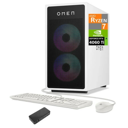 HP OMEN 35L Gaming Desktop PC (AMD Ryzen 7 8700G, GeForce RTX 4060 Ti 8GB GDDR6, 16GB DDR5, 1TB PCIe SSD + 3TB HDD, RGB Fans, Air Cooling, 600W PSU, WiFi 6, Bluetooth 5.3, Win 11 Pro) w/USB-C Dock