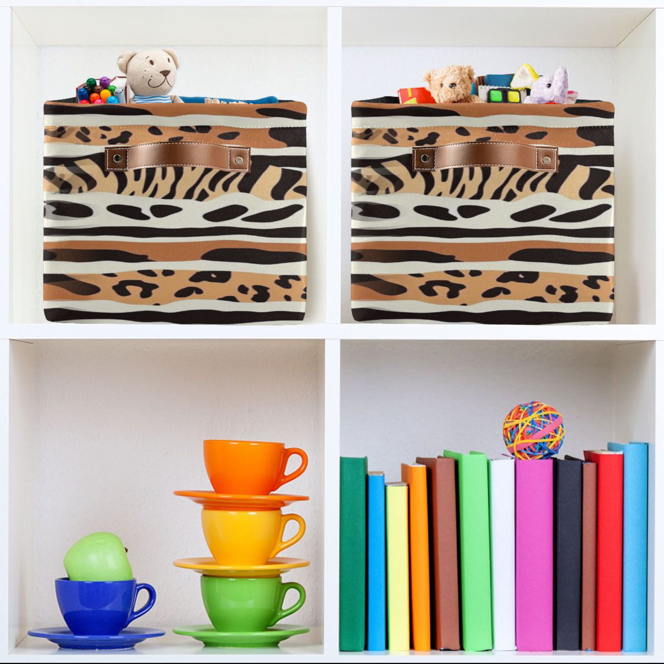 Animal Print Pattern Foldable Storage Basket,Canvas Fabric Foldable Storage Bins with Handles Open Home Storage Bins Boxes for Toy Book Shelf Closet Baskets