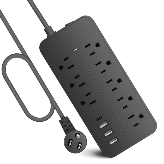 EHXS 12-in-1 Surge Protector Power Strip, 8 AC Outlets, 3 USB-A & 1 USB-C, 4 ft Flat Plug Extension Cord, 1250W, Black
