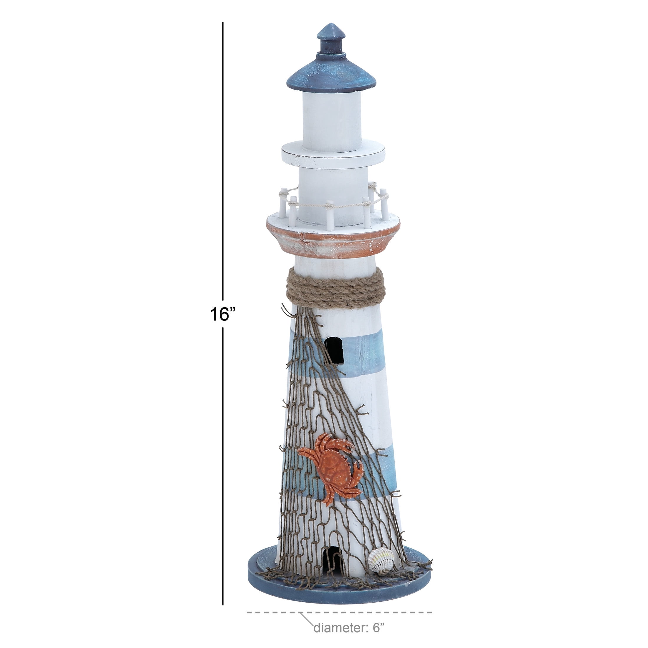 6" x 16" Blue Wood Light House Sculpture with Netting, by DecMode