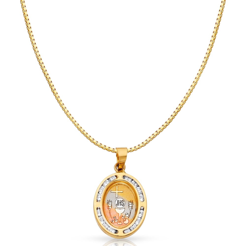 14K Yellow Gold Baptism Cubic Zirconia CZ Religious Charm Pendant with 0.8mm Box Chain Necklace