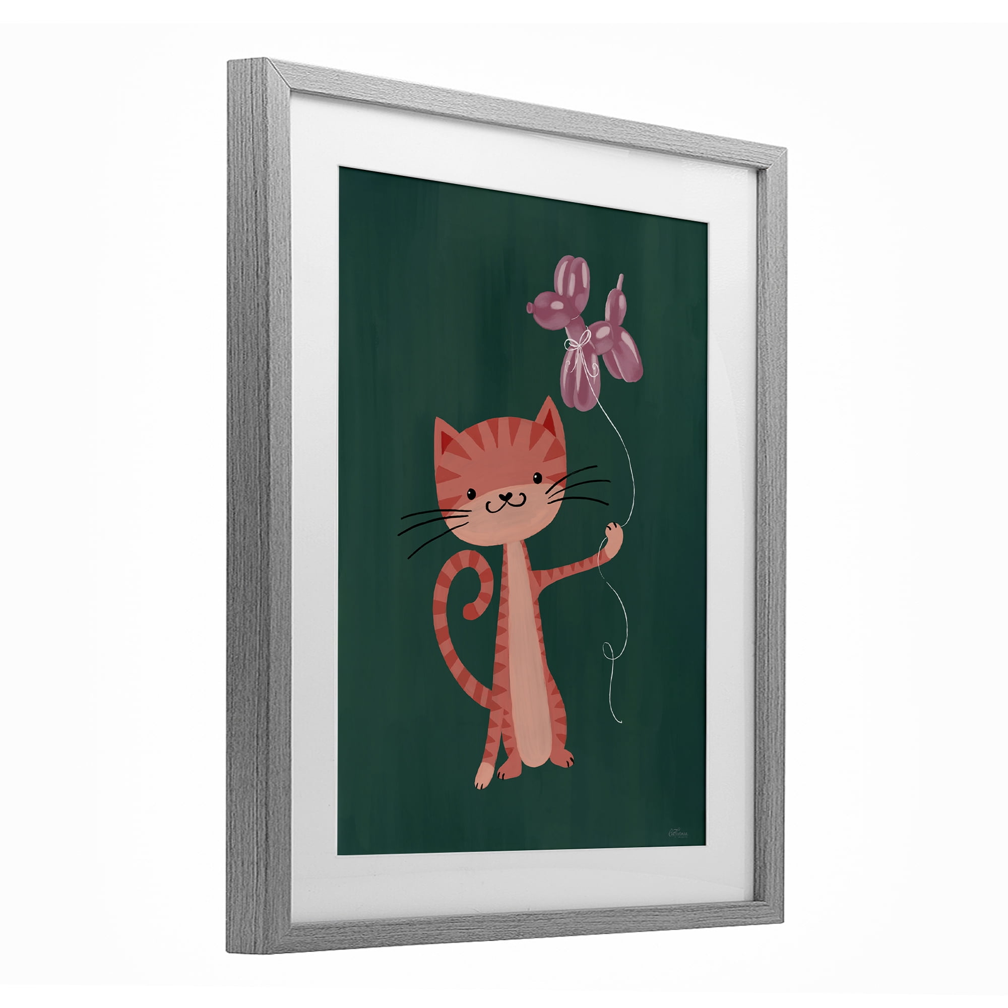Stupell Industries Balloon Buddy Cat Gray Framed Print Under Glass, design by Cat Thurman Designs