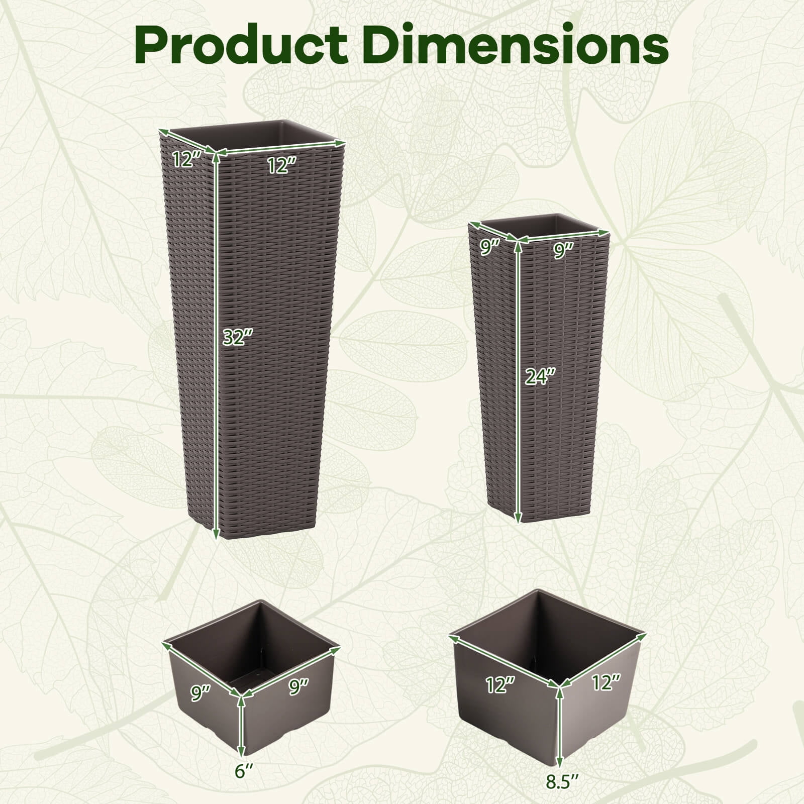 Costway Rattan Tall Planter Set of 2 with Removable Inner Trays, Drainage Holes for Garden Coffee