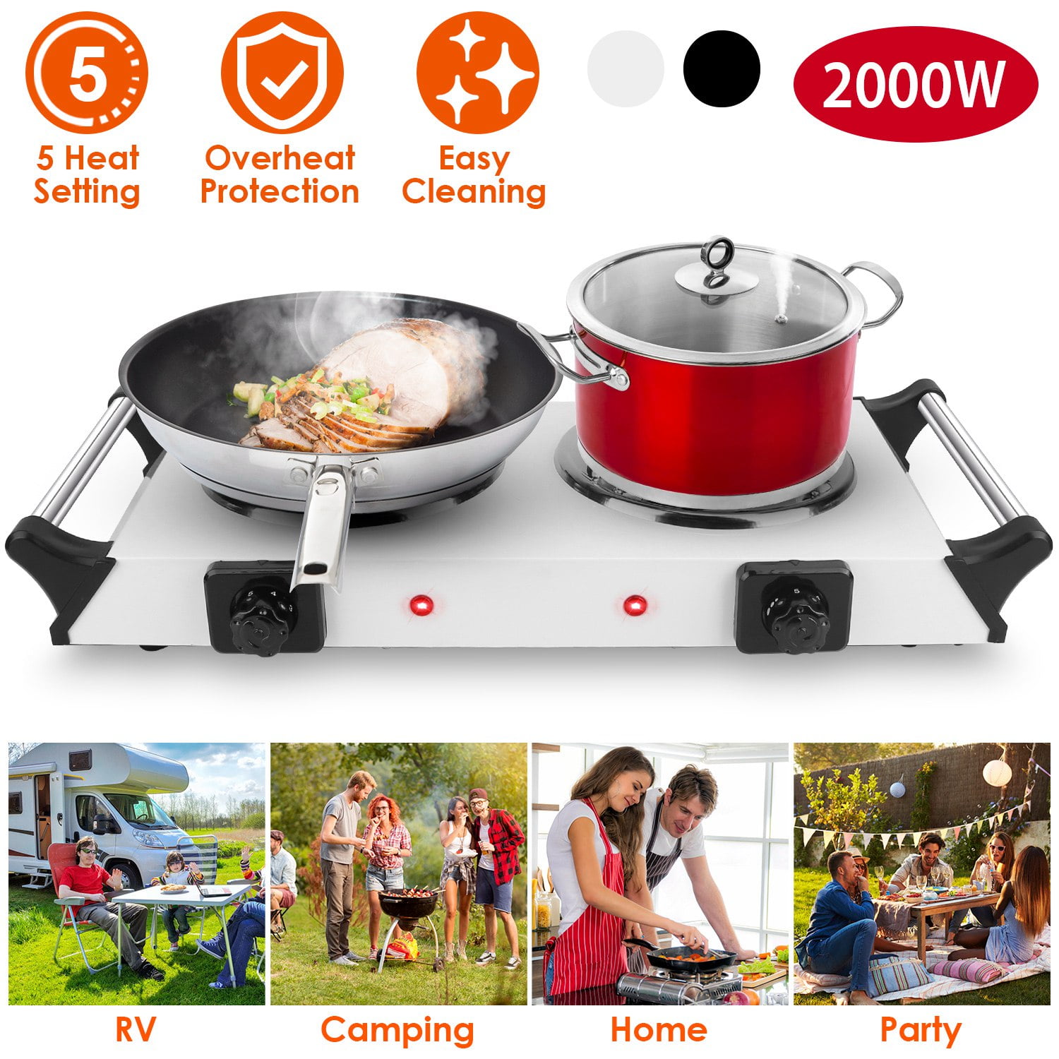 2000W Portable Hot Plate Electric Stove with Double Burners, 5-Level Temperature Control, Stay Cool Handles, Lightweight Cast Iron for RV Home Camp 110V