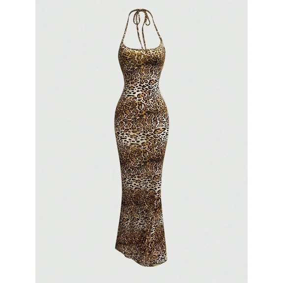 Women's Leopard Print Mermaid Hem Fitted Halter Neck Maxi Dress