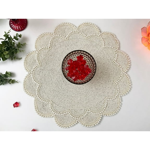 XXL 60cm Handmade beaded placemat, round runner, table decoration, beaded tablemat, light pearl