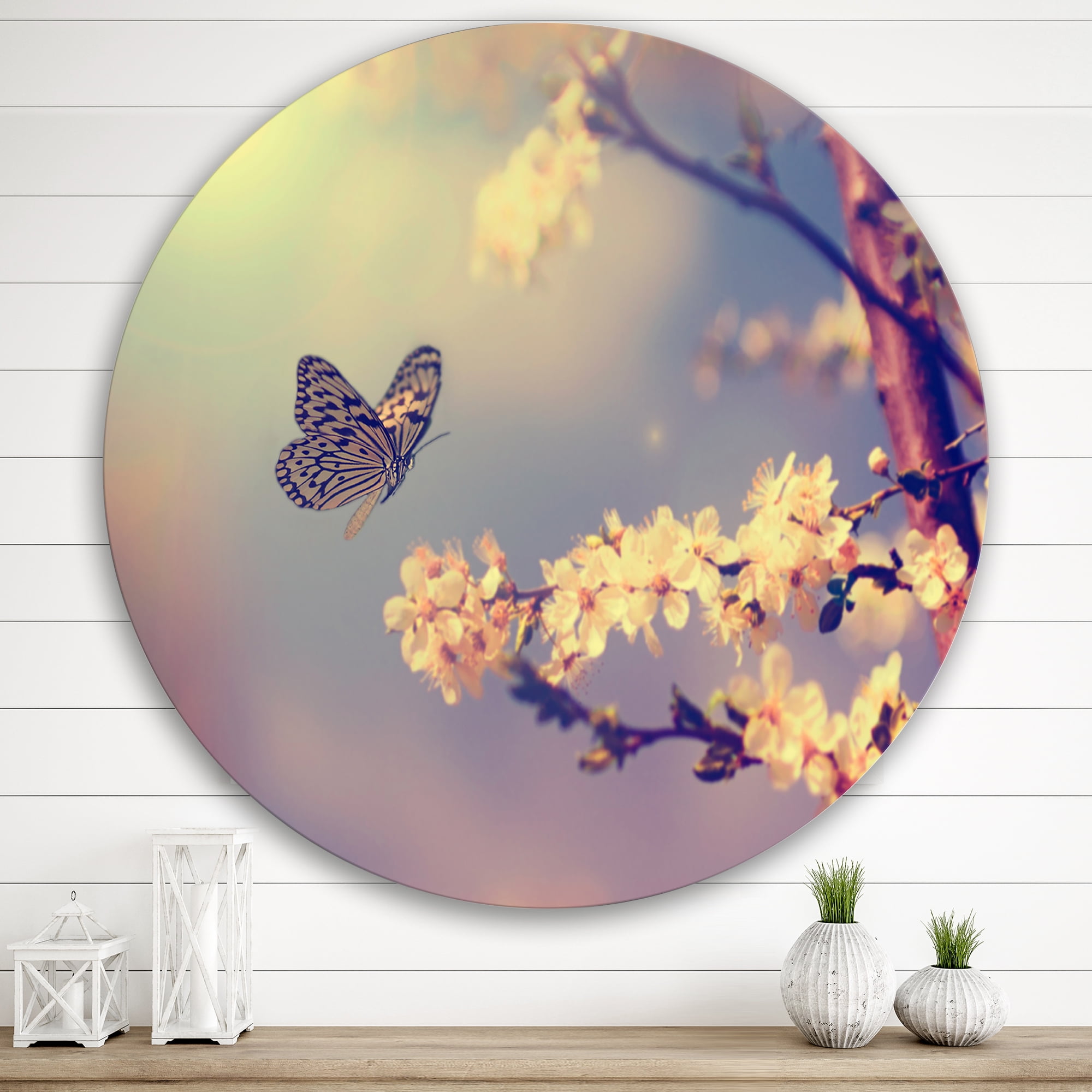 Designart 'Ancient Butterfly Flying To A White Flower' Traditional Circle Metal Wall Art 29x29 - Disc of 29