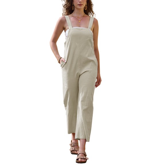 INSPIRE CHIC Women's Casual Jumpsuit Cotton Linen Adjustable Tie Straps Back Zipper Sleeveless Overalls X Small Khaki